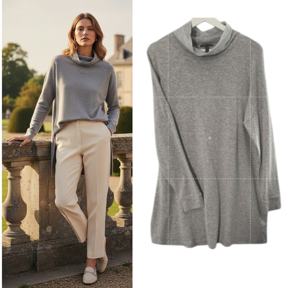 Eileen Fisher Mock Neck French Terry Knit Tunic Top Wmn's Sz M Gray Long Sleeve